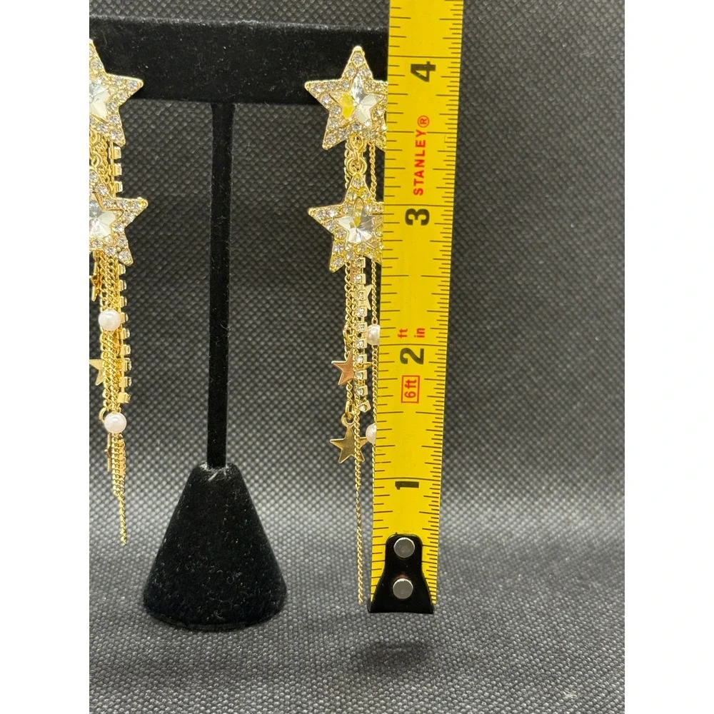 Gold Star Rhinestone Pearl Dangle Drop Earrings Celestial Statement Fringe